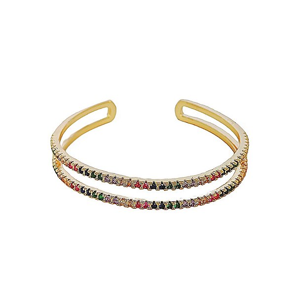 Bracelete em banho de ouro 18k duas voltas cravejado de zircônias coloridas
