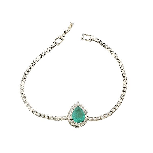 Pulseira em banho de ródio branco riviera com zircônias cristais e gota de pedra fusion verde esmeralda