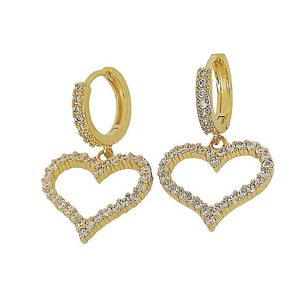 Brinco banhado em ouro 18k argola com coração vazado cravejados de zircônia cristal