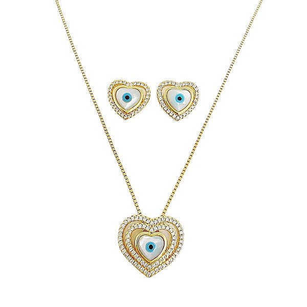 Conjunto colar e brincos banhados em ouro 18k com coração cravejado de zircônias e madrepérola com olho grego