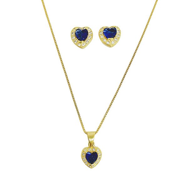 Conjunto colar e brincos coração banhado em ouro 18k cravejado de zircônia cristal com zircônia azul escura