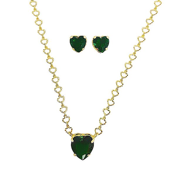 Conjunto colar e brincos banhado em ouro 18k corrente de corações com coração de cristal verde