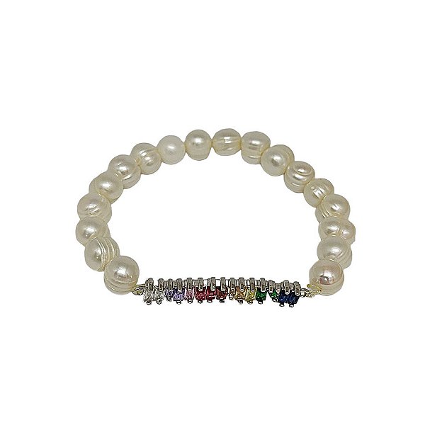 Pulseira em banho de ródio branco de pérola de agua doce com zircônias coloridas