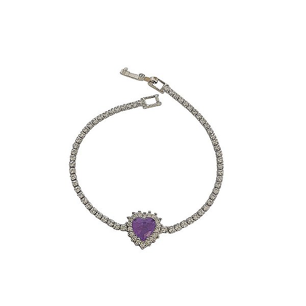 Pulseira riviera em banho de ródio branco com coração de pedra fusion roxa