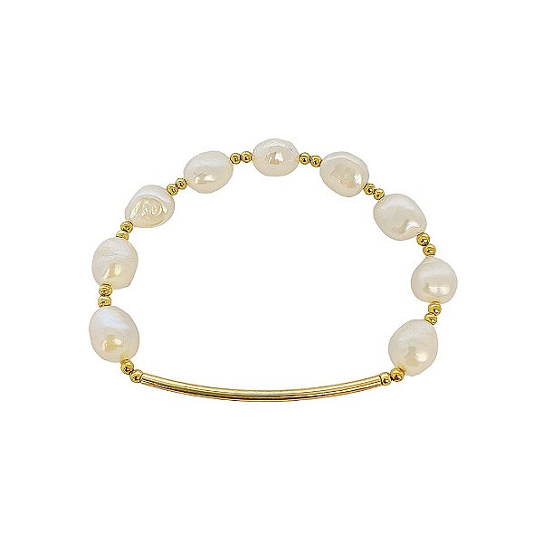 Pulseira elástica em banho de ouro 18k com bolinhas e pérolas cultivadas