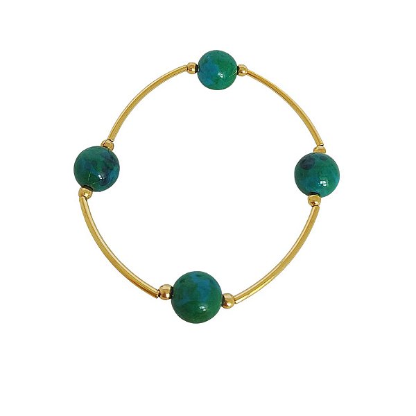 Pulseira elástica em banho de ouro 18k com pedras naturais crisocola mesclada