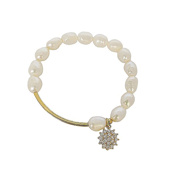 Pulseira elástica de pérolas com detalhes em banho em ouro 18k bolinha e flor cravejada de zircônias