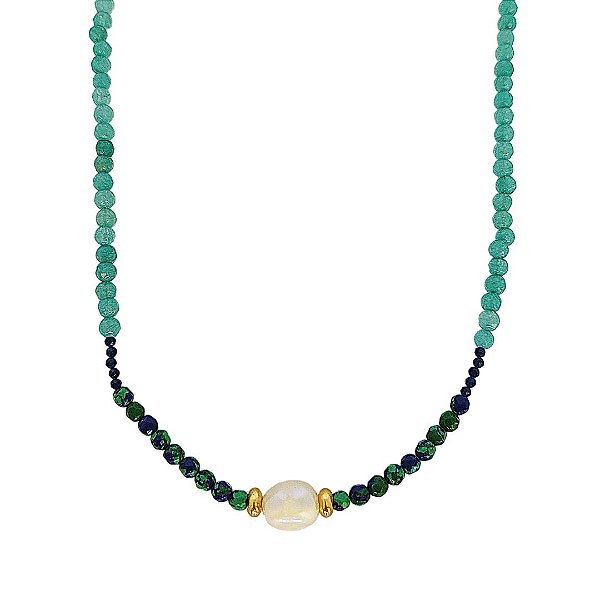 Choker de quartzo verde com ágata mesclada cristais espinélio pérola de agua doce e bolinhas e detalhes em ouro 18k
