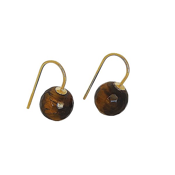 Brinco banhado em ouro 18k com pedra olho de tigre facetada
