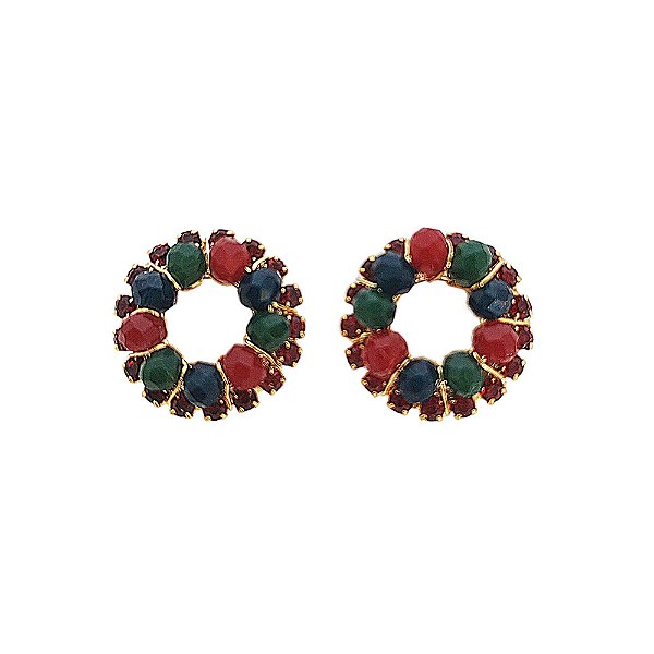Brinco banhado em ouro 18k cravejado de cristais vermelhos e pedras naturais em vermelho e verde