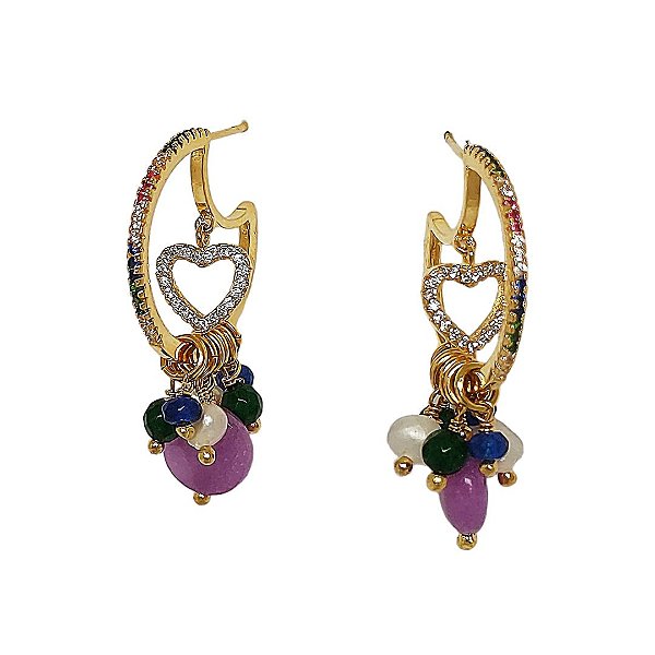 Brinco argola em banho de ouro 18k cravejada de zircônias coloridas com coração vazado, jade roxa e pérola cultivada
