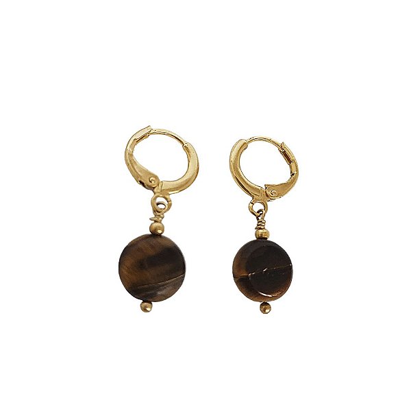 Brinco  argola banhado em ouro 18k com pedra natural olho de tigre