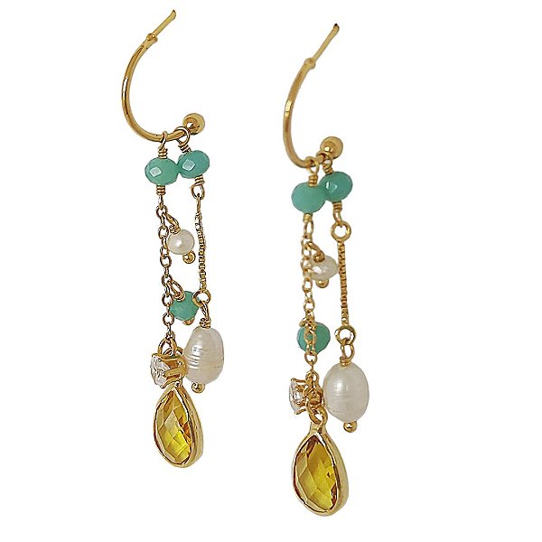 Brinco banhado em ouro 18k  corrente com cristais azul, zircônia cristal e gota de zircônia amarela