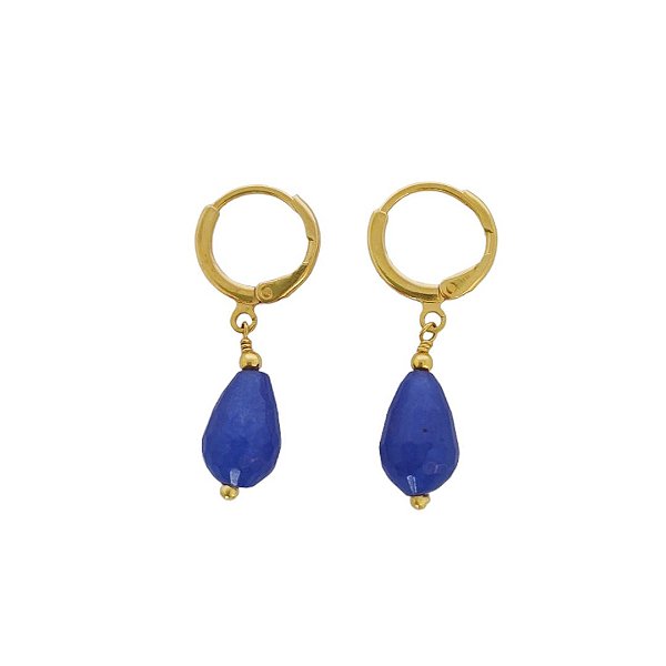 Brinco argola banhado em ouro 18k com gota facetada de jade azul