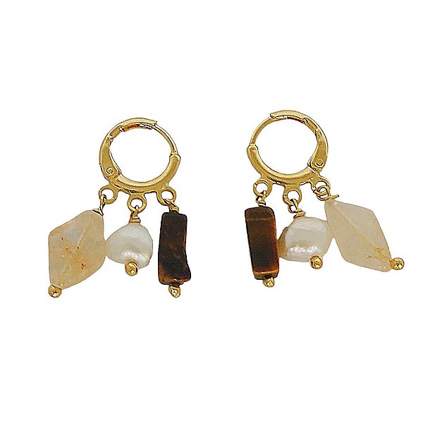 Brinco argola banhado em ouro 18k com cristal citrino, pedra olho de tigre e pérola barroca
