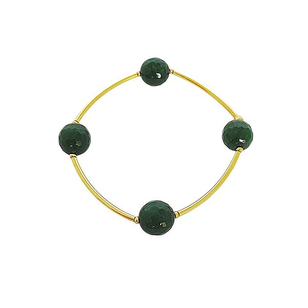 Pulseira elástica em banho de ouro 18k com jade verde esmeralda facetada