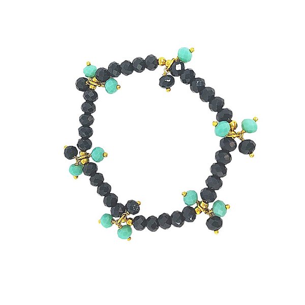 Pulseira elástica de jade verde com cristais azul tiffany e bolinhas em banho de ouro 18k