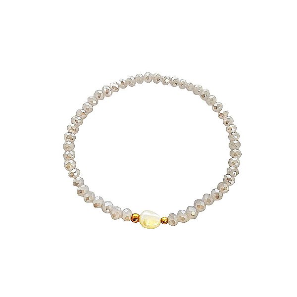Pulseira elástica de cristais naturais lilás com pérola cultivada e bolinhas banhadas em ouro 18k