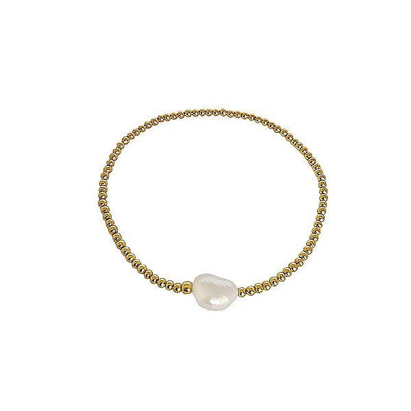 Pulseira elástica de bolinhas banhadas em ouro 18k com pérola cultivada