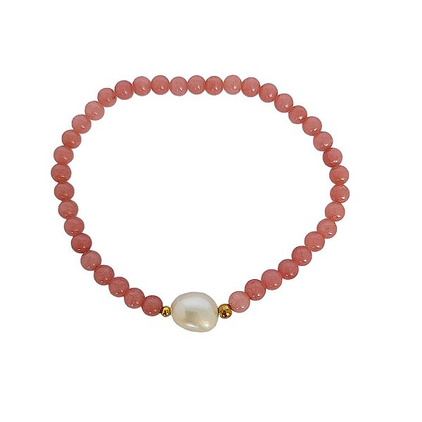 Pulseira elástica de jade rosa com pérola cultivada e bolinhas em banho de ouro 18k