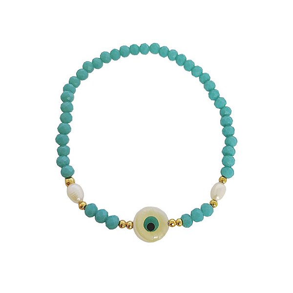 Pulseira elástica de cristais azul com bolinhas em banho de ouro 18k pérolas cultivadas e olho grego em madrepérola