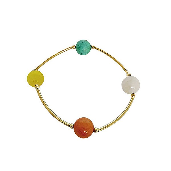 Pulseira elástica em banho de ouro 18k com pedras de jade coloridas