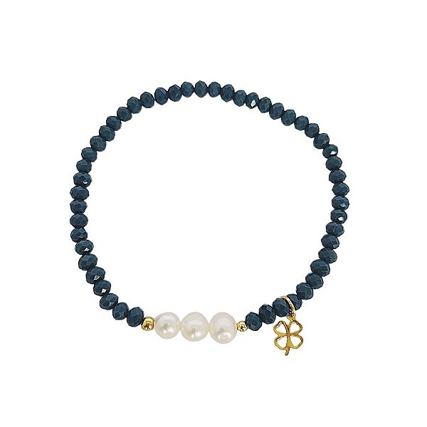 Pulseira elástica de cristal azul com pérolas cultivadas trevo e bolinhas em banho de ouro 18k