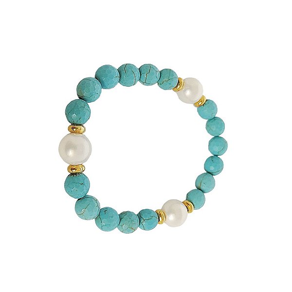Pulseira elástica de pedras naturais howlita azul facetada perolas shell e detalhes em banho de ouro 18k