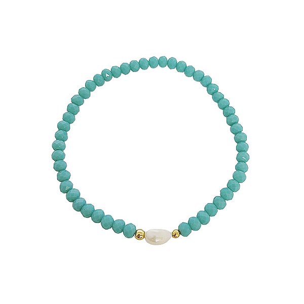 Pulseira elástica de cristais naturais azul tiffany com bolinhas banhadas em ouro 18k e pérola cultivada