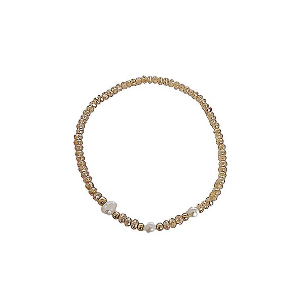 Pulseira elástica de cristais doce de leite com pérolas cultivadas e bolinhas em banho de ouro 18k