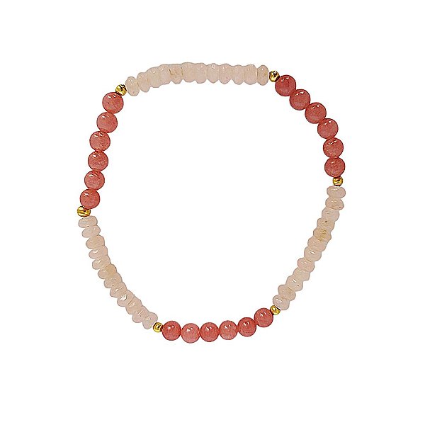 Pulseira elástica de jade em tons de rosa com bolinhas em banho de ouro 18k