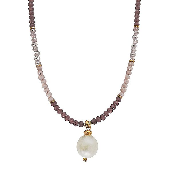 Colar de cristais naturais em tons de lilás com pérola shell e detalhes em ouro 18k