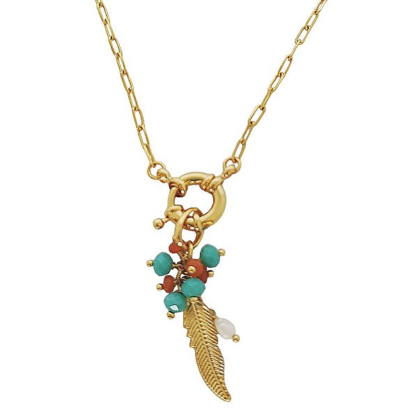 Colar banhado em ouro 18k elos cartier fecho boia com pingente de cristais azul e coral pena e pérola