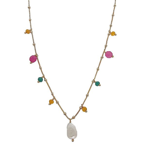Colar banhado em ouro 18k com bolinhas cristais naturais de jade amarela, rosa e azul com pérola cultivada