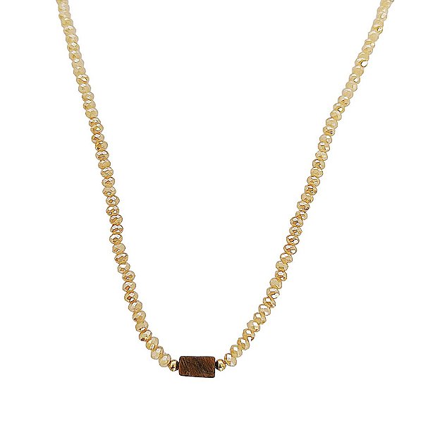 Choker de cristais doce de leite com pedra olho de tigre bolinhas e detalhes em banho de ouro 18k