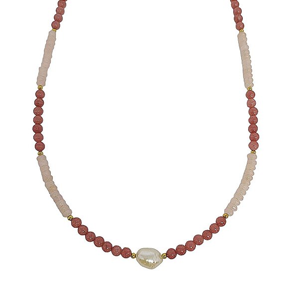 Choker de cristais naturais e jade rosa com pérola barroca bolinhas e detalhes banho de ouro 18k