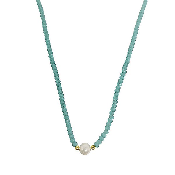 Choker de cristais naturais azul tiffany com pérola shell bolinhas e detalhes em banho de ouro 18k