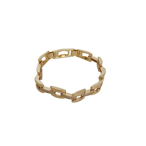 Pulseira em banho de ouro 18k com elos quadrados zircônias cristais e um elo removível