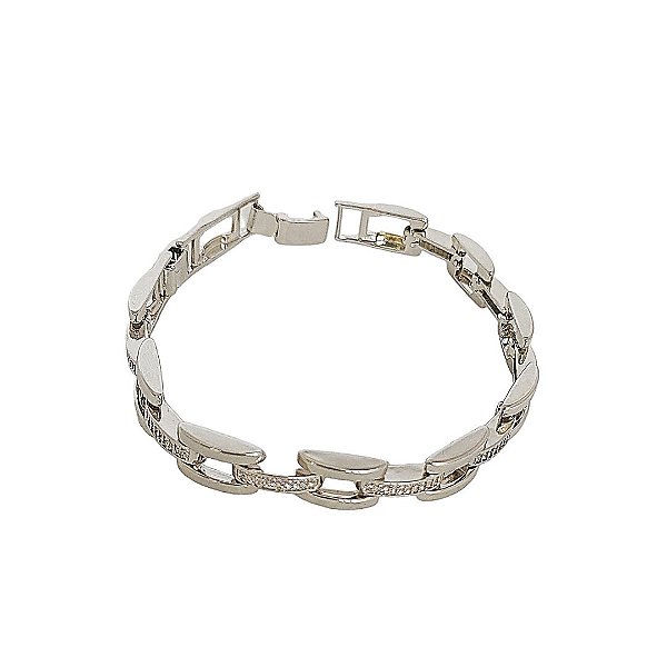 Pulseira em banho de ródio branco com elos quadrados zircônias cristais e um elo removível