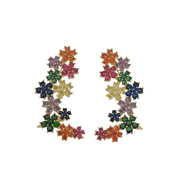 Brinco em banho de ouro 18k ear cuff flores de cristais coloridos