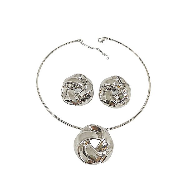 Conjunto em banho de ródio branco choker aro liso com pingente e brincos redondos entrelaçados