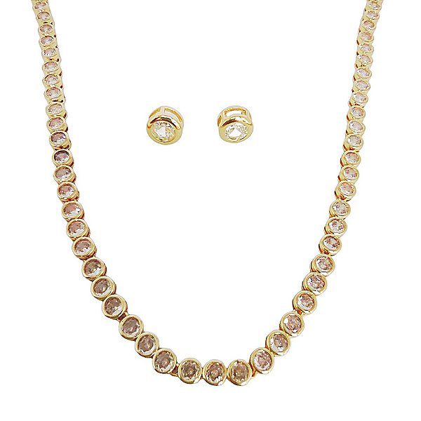 Conjunto em banho de ouro 18k colar riviera redonda e brincos ponto de luz com zircônias cristais