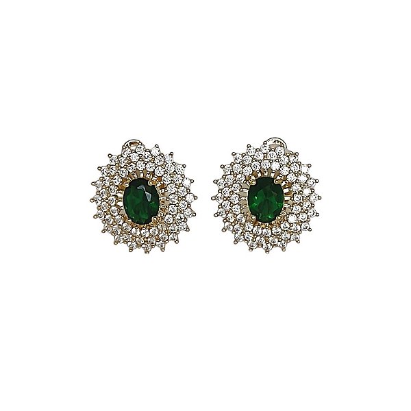 Brinco de pressão em banho de ouro 18k, com zircônias cristais cravejadas e zircônia esmeralda oval