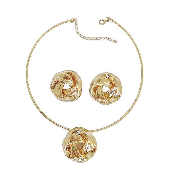Conjunto em banho de ouro 18k choker aro liso com pingente e brincos redondos entrelaçados
