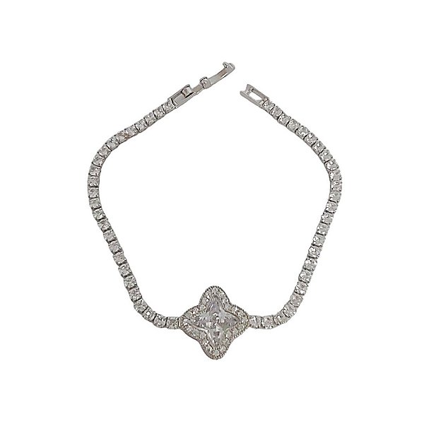 Pulseira riviera em banho de ródio branco com trevo cravejado de zircônias cristais