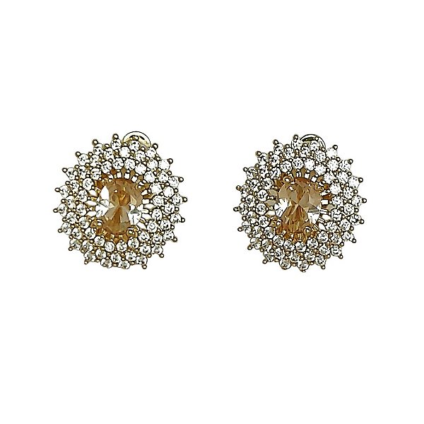 Brinco de pressão no banho de ouro 18k cravejado de zircônias cristais e zircônia bege