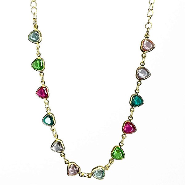 Choker banhada em ouro 18k com corações de cristais coloridos