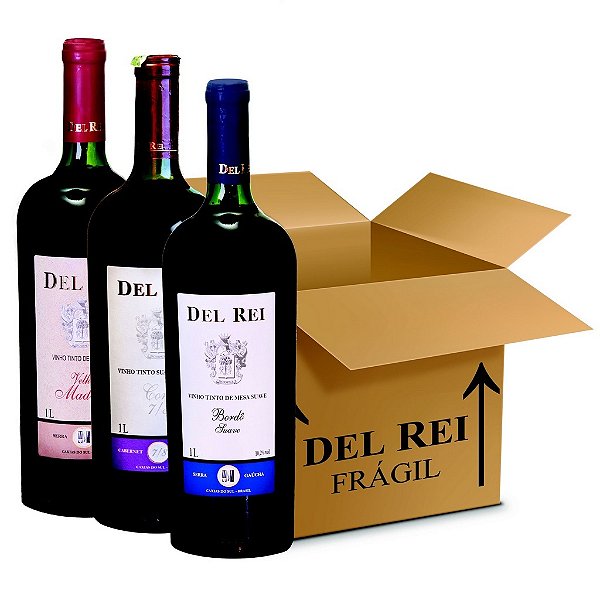 Box Misto - Vinho Del Rei com 2 Tinto Suave Bordo + 2 Tinto Suave 7-8 Cabernet e Bordo + 2 Tinto Velha Madeira Suave 1l - Box com 06 unidades