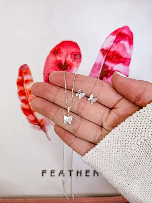 Conjunto Brinco + Colar Borboleta Origami 45cm