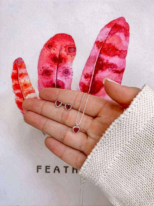 Conjunto Brinco + Colar Coração Vermelho 45cm